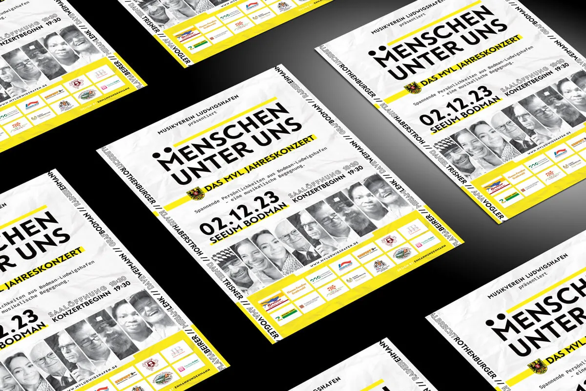 Plakat zum Jahreskonzert 2023 „Menschen unter uns“ des Musikverein Ludwigshafen als Mockup